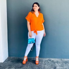 Blusa fresca con moño Roman Fashion /Tallas Extras, 1819 (Naranja)