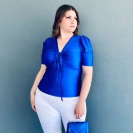 Blusa de satín Roman Fashion /Tallas Extras, 1825 (Azul rey)