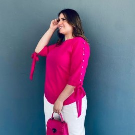 Blusa de lino con perlas Roman Fashion /Tallas Extras, 1815 (Fiusha)