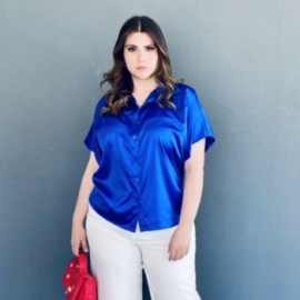 Blusa camisera de satín Roman Fashion /Tallas Extras, 4924 (Azul rey)