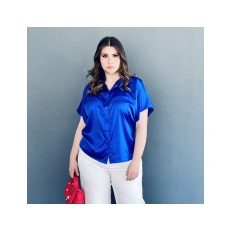 Blusa camisera de satín Roman Fashion /Tallas Extras, 4924 (Azul rey)