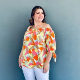 Blusa escote campesino Roman Fashion /Tallas Extras, 1608 (Amarillo mosaico)