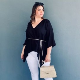 Blusa asimétrica con cinto Roman Fashion /Tallas Extras, 1831 (Negro)
