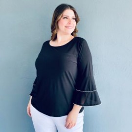 Blusa manga acampanada con pedrería Tallas Extras, 104 (Negro)