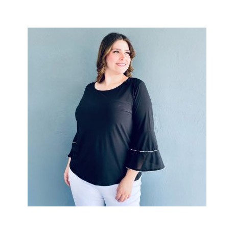 Blusa manga acampanada con pedrería Tallas Extras, 104 (Negro)