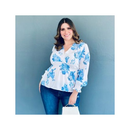 Blusa escote cruzado Tallas Extras, 6879 (Blanco floreado)
