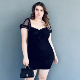 Vestido de mesh fruncido Roman Fashion, Tallas Extras, 13228 (Negro)