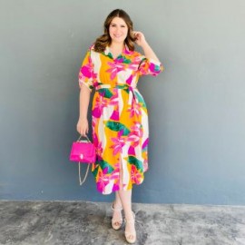 Maxi vestido de lino Roman Fashion /Tallas extras, 2154 (Arena floreado)