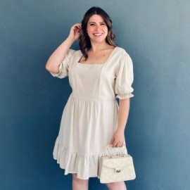 Vestido de lino manga bombacha Roman Fashion /Tallas Extras, 4272 (Beige)