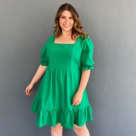 Vestido de lino manga bombacha Roman Fashion /Tallas Extras, 4272 (Verde)