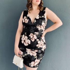 Vestido floreado sin manga Tallas Extras, 21647 (Negro floreado)