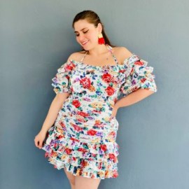 Vestido con olanes  Tallas Extras, 418 (Blanco floreado)