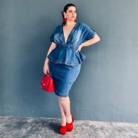 Vestido escote profundo Tallas extras, 51387 (Mezclilla)