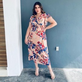 Vestido largo sin manga Tallas extras, 9940 (Durazno floreado)