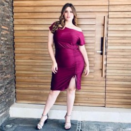 Vestido satín escote barco Tallas Extras, 4299 (Vino)