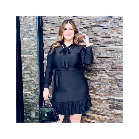 Vestido con olán Tallas Extras, 4306 (Negro)