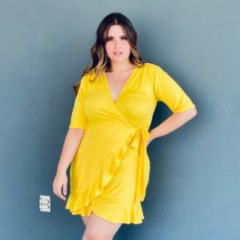 Vestido escote cruzado tallas extras, 4266 (Amarillo)