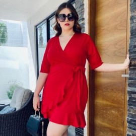 Vestido escote cruzado tallas extras, 4266 (Rojo)