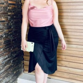 Falda midi de satín en talla extra, 2862 (Negro)