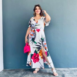 Maxi-vestido strech talla extra, modelo 4098 (Blanco floreado)