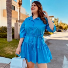 Vestido camisero con falda a capas talla extra, modelo 0214 (Azul)