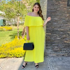 Vestido plisado talla extra, modelo 0438 (Amarillo neón)