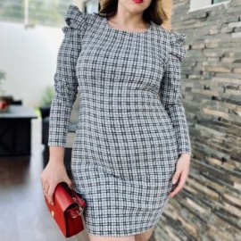 Vestido de cuadros strech con manga bombacha 3675