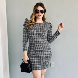 Vestido de cuadros strech con manga bombacha 3675