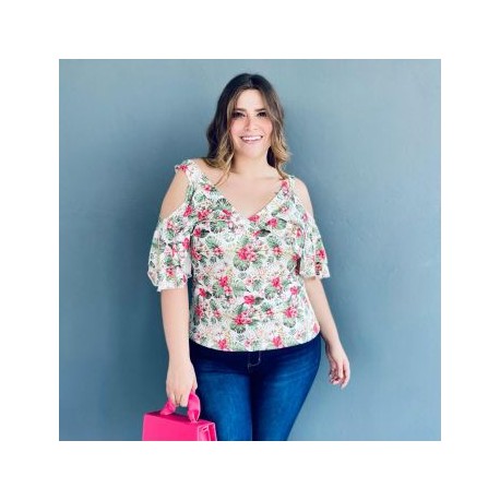 Blusa manga caída talla extra, modelo 1732 (Blanco)