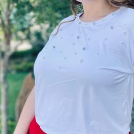 Playera con pedrería talla extra, modelo 3022-A (Blanco)