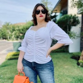 Blusa campesina de popelina (talla extra), modelo 0109 (Blanco)