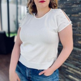 Blusa tejida con perlas (talla extra), modelo 2022 (Blanco)