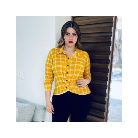 Blusa diseño camisero en talla extra, modelo 1676 (mostaza)