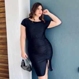 Vestido satín escote barco Tallas Extras, 4299 (Negro)