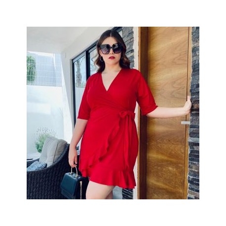 Vestido escote cruzado tallas extras, 4266 (Rojo)