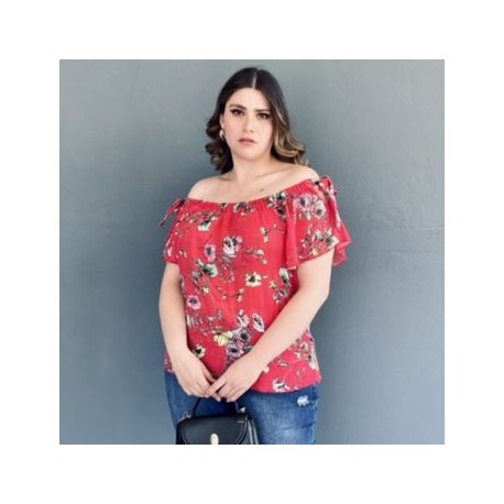 Blusa manga corta con moño Tallas Extras, 8933 (Rojo)