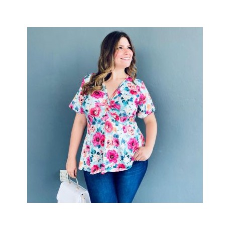 Blusa corte A talla extra, modelo 1710 (Aqua flor)