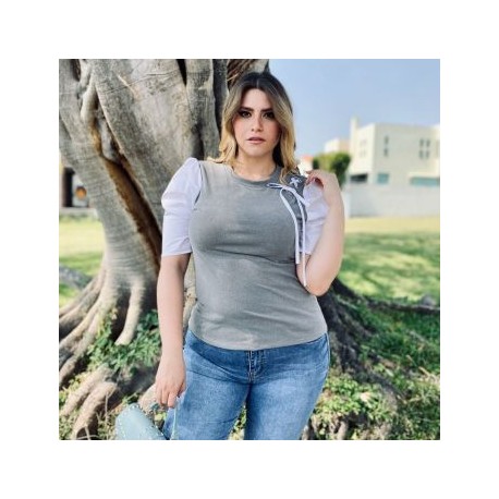 Blusa con manga de popelina talla extra, modelo 3437 (Gris)