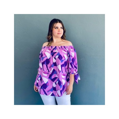 Blusa escote campesino Roman Fashion /Tallas Extras, 1608 (Lila mosaico)