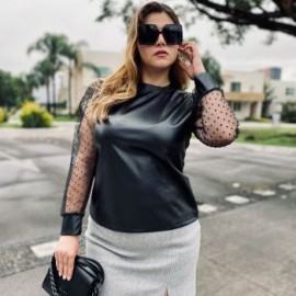 Blusa de Vinipiel Manga Bombacha de Mesh 003