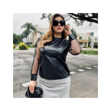 Blusa de Vinipiel Manga Bombacha de Mesh 003