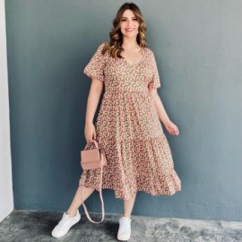 Vestido midi casual (talla extra), modelo 4285 (Rosa margaritas)