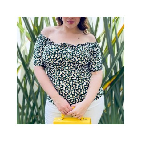 Blusa campesina talla extra, modelo 1783 (Negro floreado)