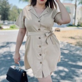 Vestido camisero de lino talla extra, modelo 0352 (Arena)