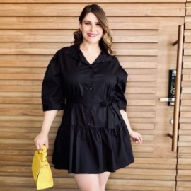 Vestido camisero con falda a capas talla extra, modelo 0214 (Negro)