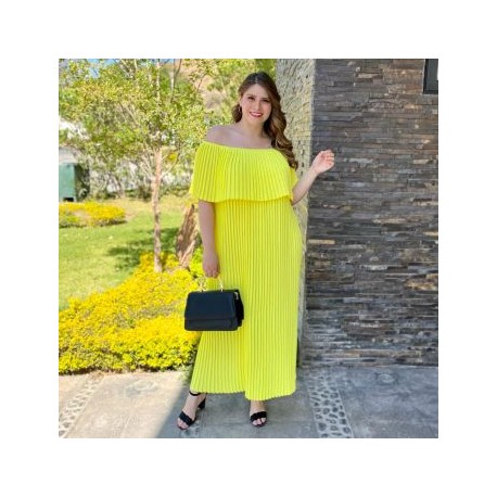 Vestido plisado talla extra, modelo 0438 (Amarillo neón)